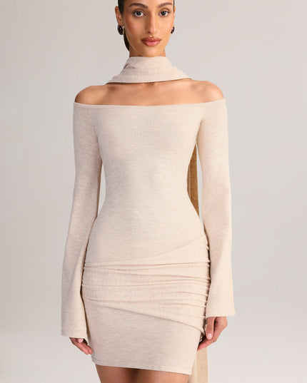 Cream Knit Scarf-Detail Off-Shoulder Mini Dress