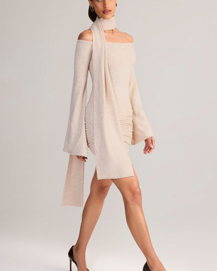Cream Knit Scarf-Detail Off-Shoulder Mini Dress
