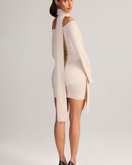 Cream Knit Scarf-Detail Off-Shoulder Mini Dress