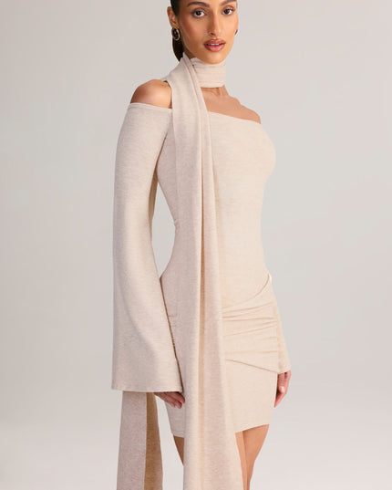 Cream Knit Scarf-Detail Off-Shoulder Mini Dress