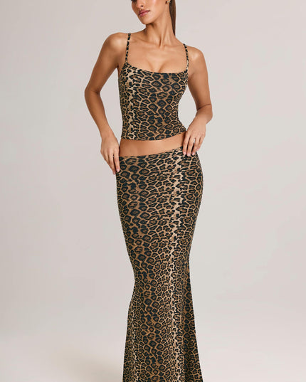 Leopard Print Modal Mid-Rise Fishtail Maxi Skirt