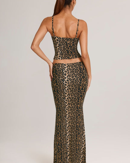 Leopard Print Modal Mid-Rise Fishtail Maxi Skirt