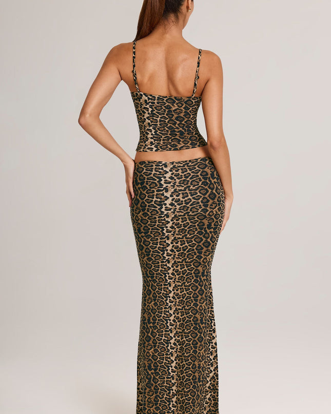 Leopard Print Modal Mid-Rise Fishtail Maxi Skirt