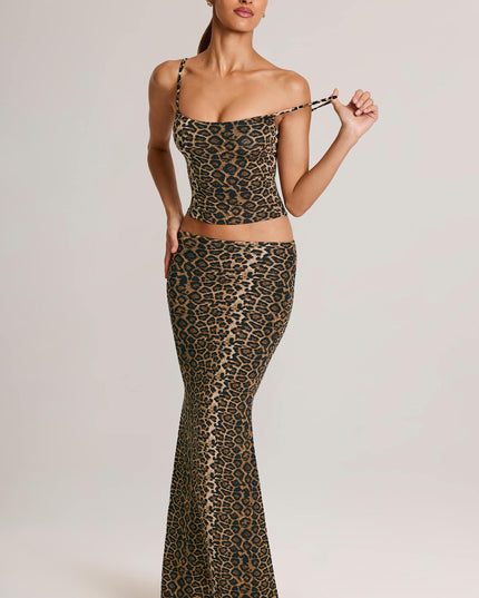 Leopard Print Modal Mid-Rise Fishtail Maxi Skirt