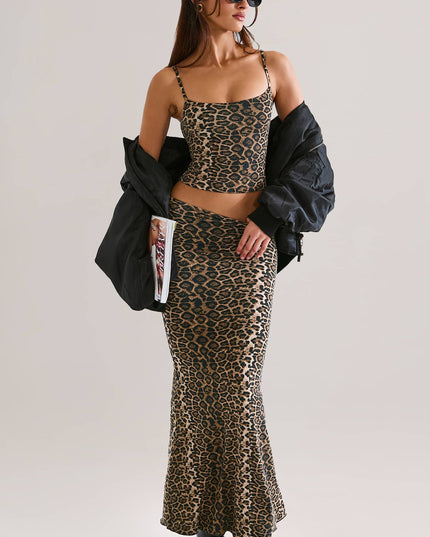 Leopard Print Modal Mid-Rise Fishtail Maxi Skirt