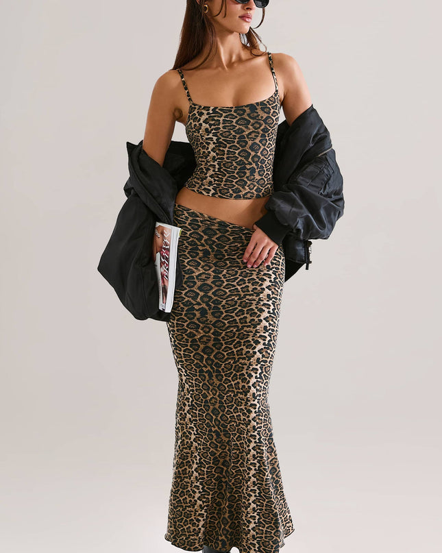 Leopard Print Modal Mid-Rise Fishtail Maxi Skirt