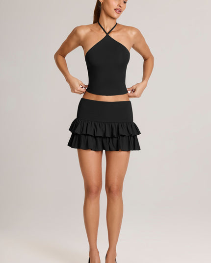 Black Modal Ruffle Mid-Rise Mini Skort