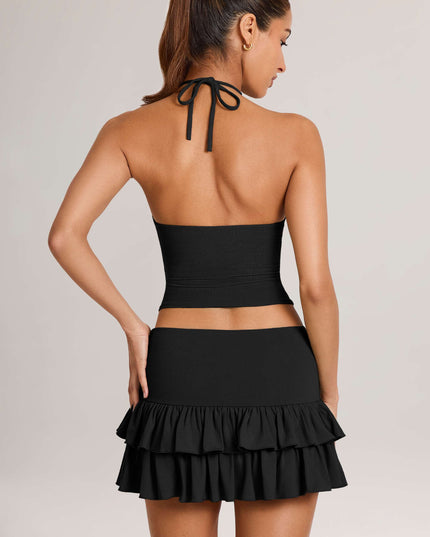 Black Modal Ruffle Mid-Rise Mini Skort
