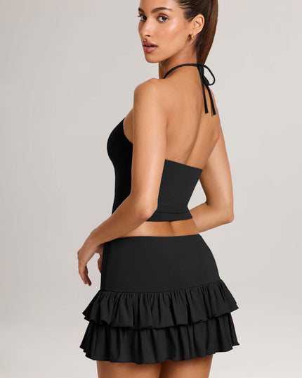 Black Modal Ruffle Mid-Rise Mini Skort
