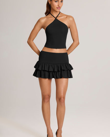 Black Modal Ruffle Mid-Rise Mini Skort