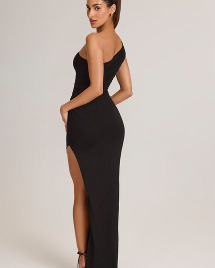 Black Modal Asymmetric Ruched Maxi Dress