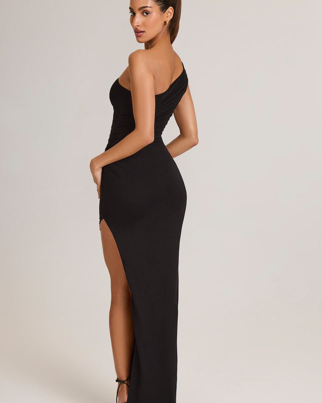 Black Modal Asymmetric Ruched Maxi Dress