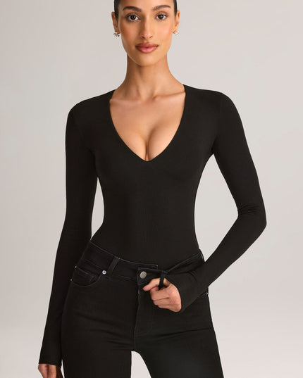 Black Modal Plunge Long-Sleeve Bodysuit