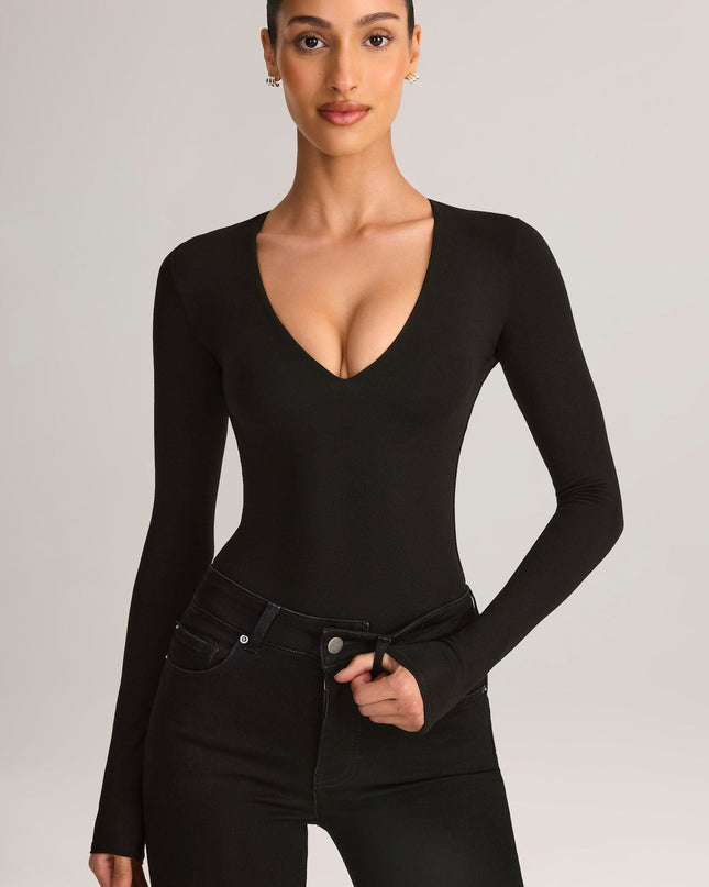 Black Modal Plunge Long-Sleeve Bodysuit