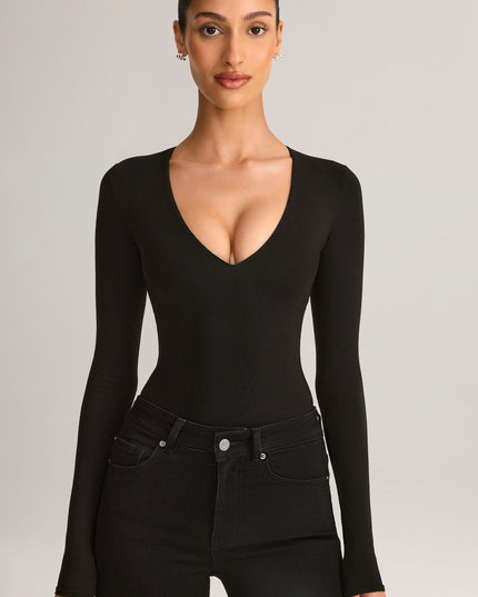 Black Modal Plunge Long-Sleeve Bodysuit