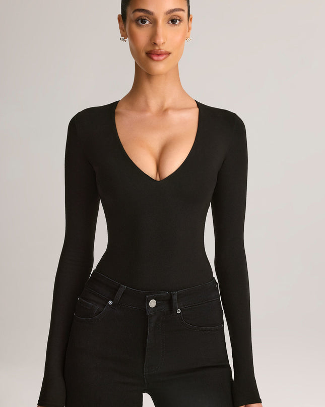 Black Modal Plunge Long-Sleeve Bodysuit