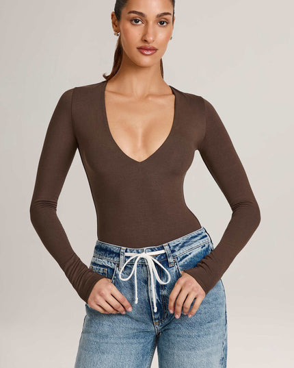 Chocolate Brown Modal Plunge Long-Sleeve Bodysuit