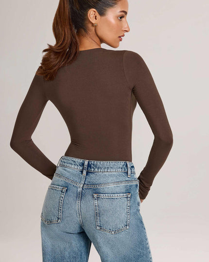 Chocolate Brown Modal Plunge Long-Sleeve Bodysuit