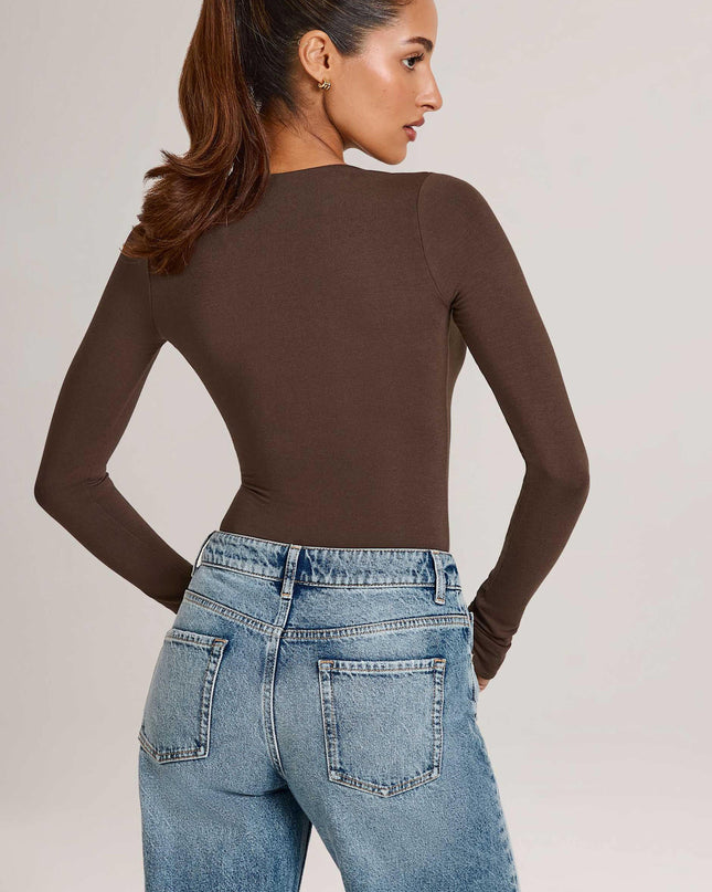 Chocolate Brown Modal Plunge Long-Sleeve Bodysuit