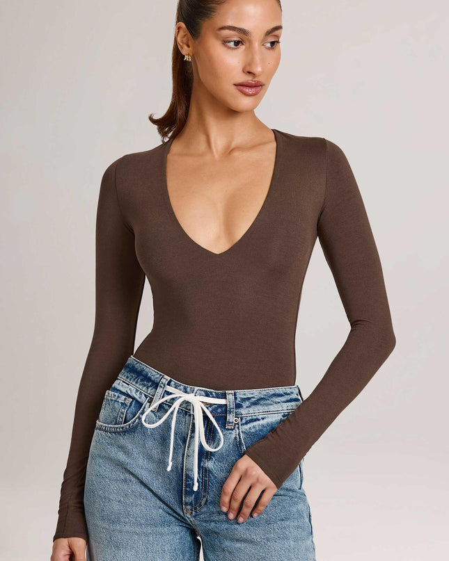 Chocolate Brown Modal Plunge Long-Sleeve Bodysuit