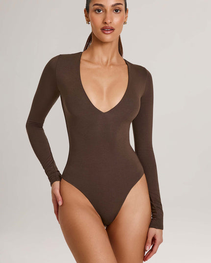 Chocolate Brown Modal Plunge Long-Sleeve Bodysuit