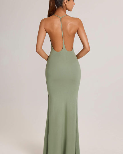 Sage Green Modal Plunge Backless Maxi Dress