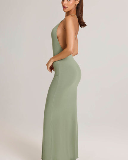 Sage Green Modal Plunge Backless Maxi Dress