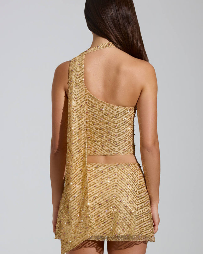 Gold Embellished Asymmetric Scarf-Detail Top