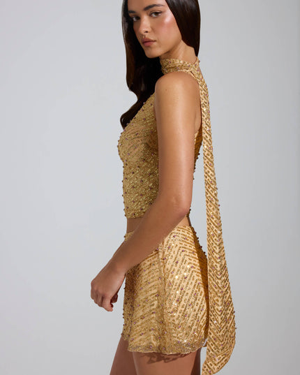 Gold Embellished Asymmetric Scarf-Detail Top