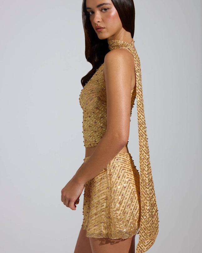 Gold Embellished Asymmetric Scarf-Detail Top