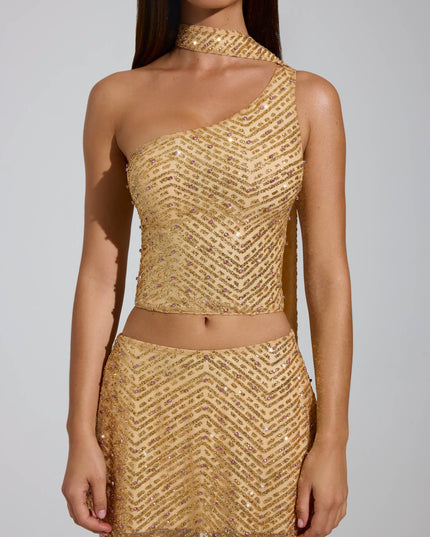 Gold Embellished Asymmetric Scarf-Detail Top