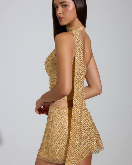 Gold Embellished Asymmetric Scarf-Detail Top