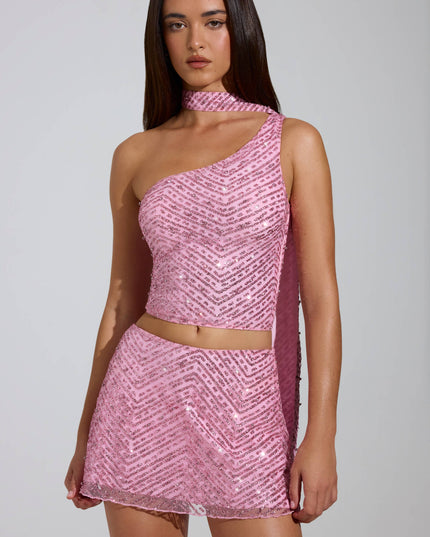 Pink Embellished Asymmetric Scarf-Detail Top