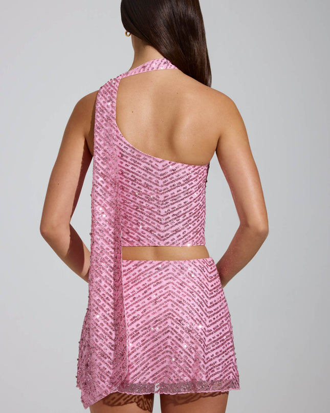 Pink Embellished Asymmetric Scarf-Detail Top