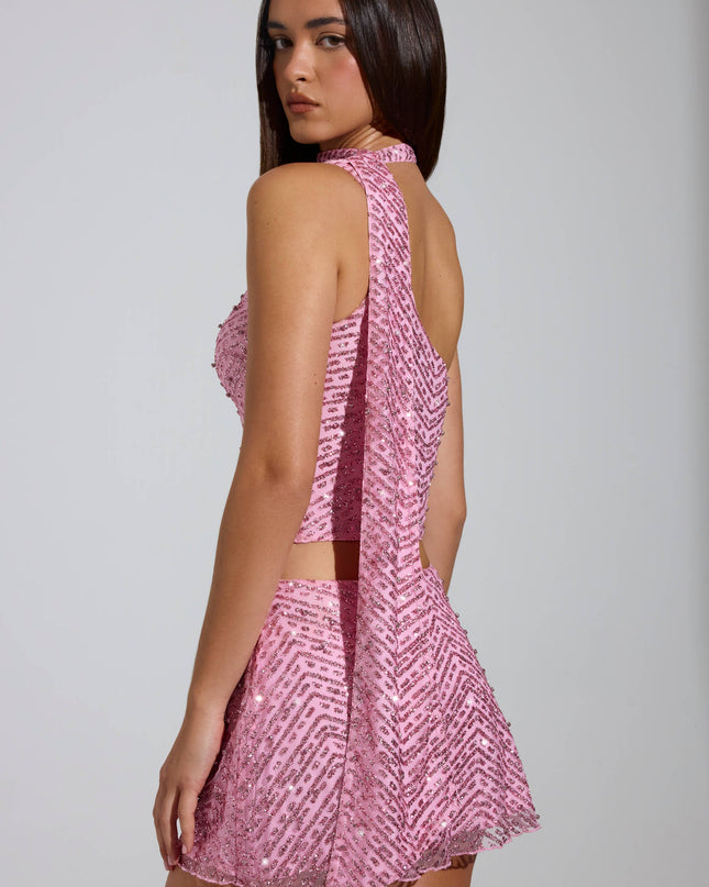 Pink Embellished Asymmetric Scarf-Detail Top
