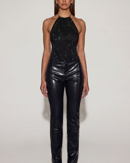 Black Faux Croc-Leather Straight-Leg Trousers