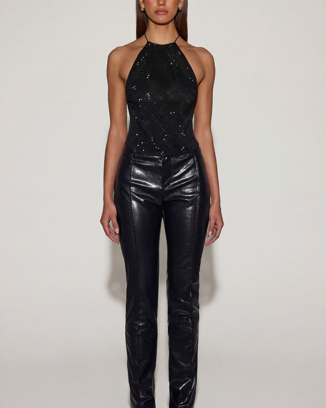 Black Faux Croc-Leather Straight-Leg Trousers