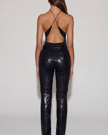 Black Faux Croc-Leather Straight-Leg Trousers
