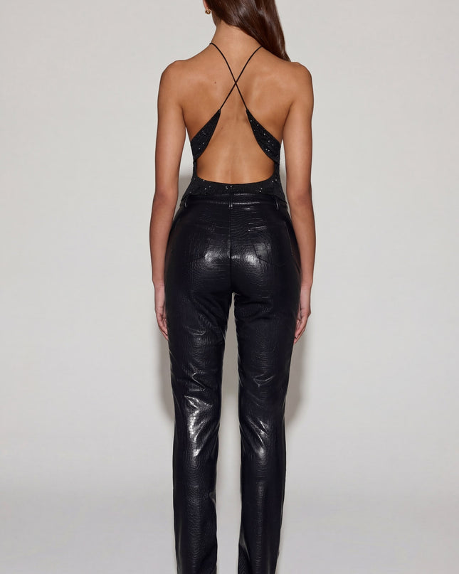 Black Faux Croc-Leather Straight-Leg Trousers