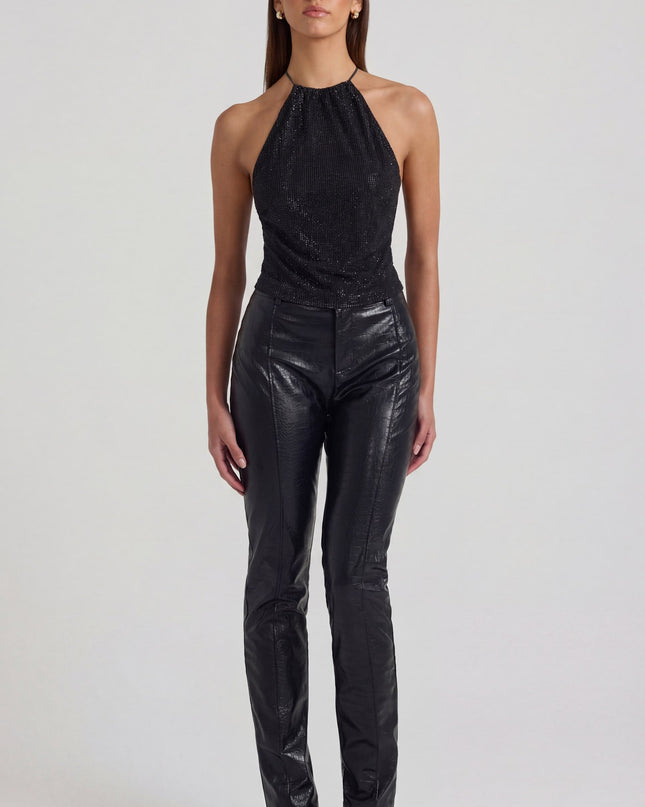 Black Faux Croc-Leather Straight-Leg Trousers