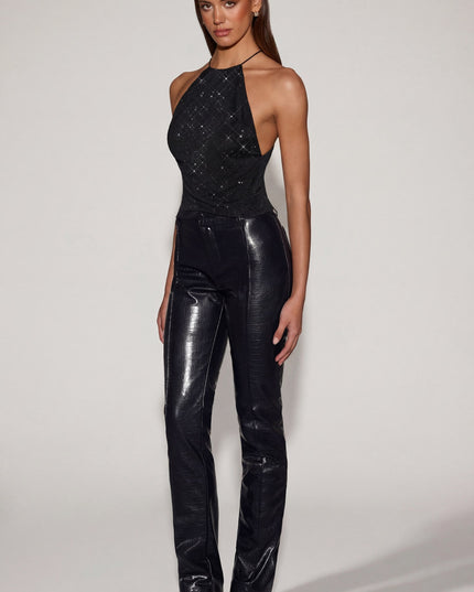 Black Faux Croc-Leather Straight-Leg Trousers
