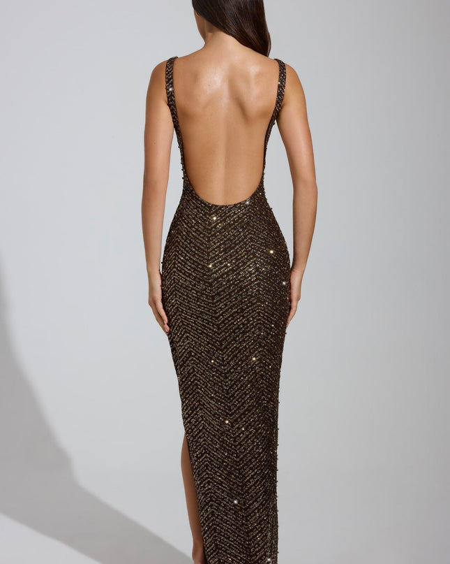 Brown Embellished Scoop-Neck Thigh-Split Maxi Dress