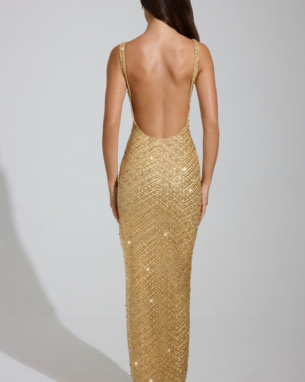 Gold Embellished Scoop-Neck Thigh-Split Maxi Dress