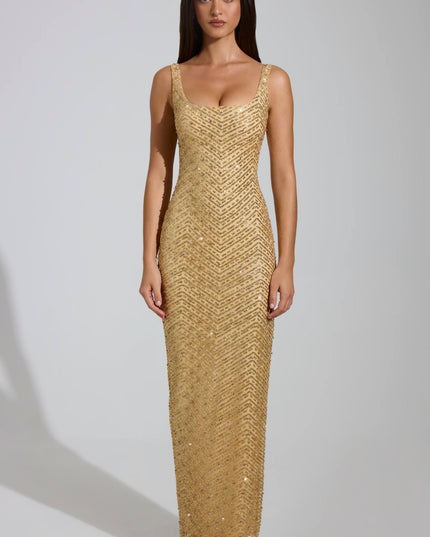 Gold Embellished Scoop-Neck Thigh-Split Maxi Dress