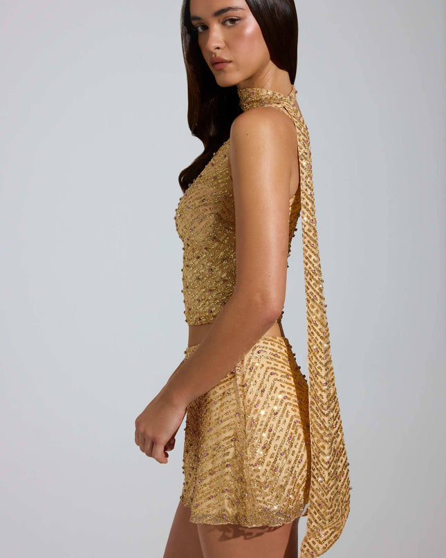 Gold Embellished Low-Rise A-Line Micro Mini Skirt