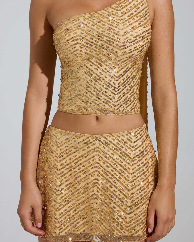 Gold Embellished Low-Rise A-Line Micro Mini Skirt