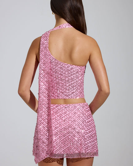 Pink Embellished Low-Rise A-Line Micro Mini Skirt