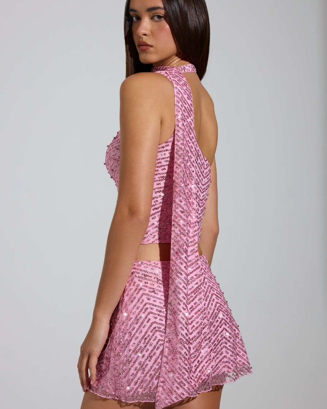 Pink Embellished Low-Rise A-Line Micro Mini Skirt
