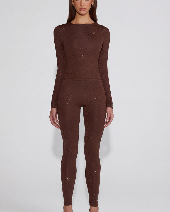Chocolate Brown Embellished Jersey High-Waisted Leggings