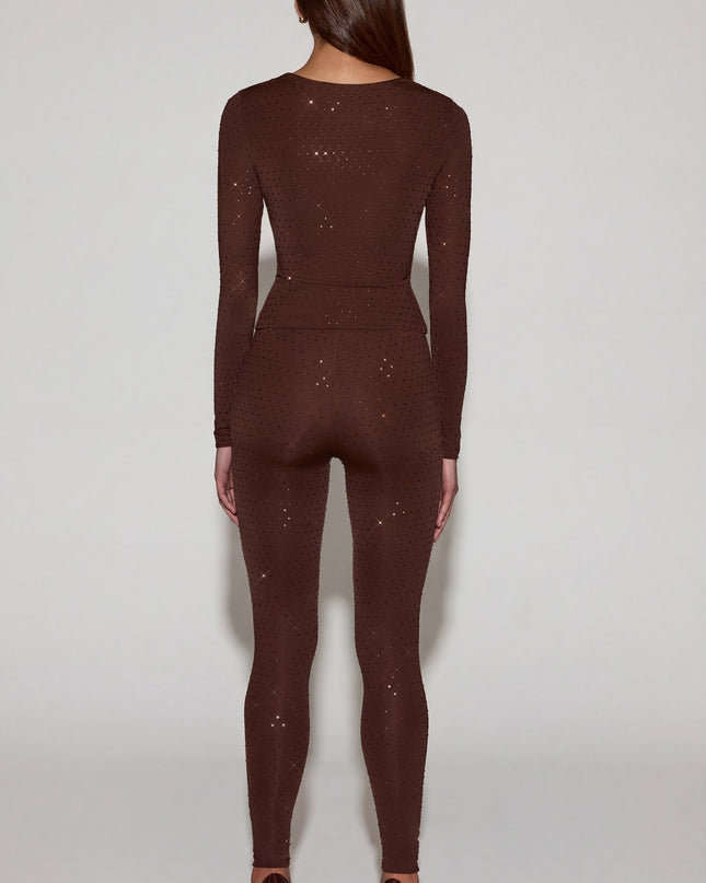 Chocolate Brown Embellished Jersey High-Waisted Leggings